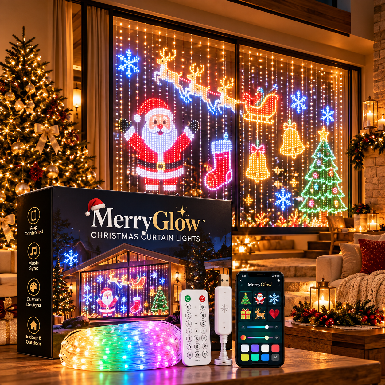 MerryGlow Christmas Curtain Lights displayed with the app, remote, and product box